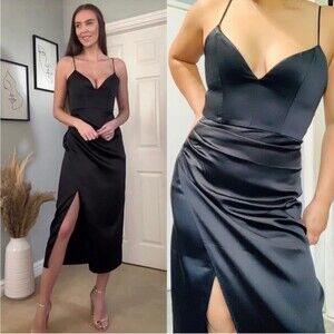 Zara Satin Effect Slit Wrap Dress Black Bloggers Fav Size Medium